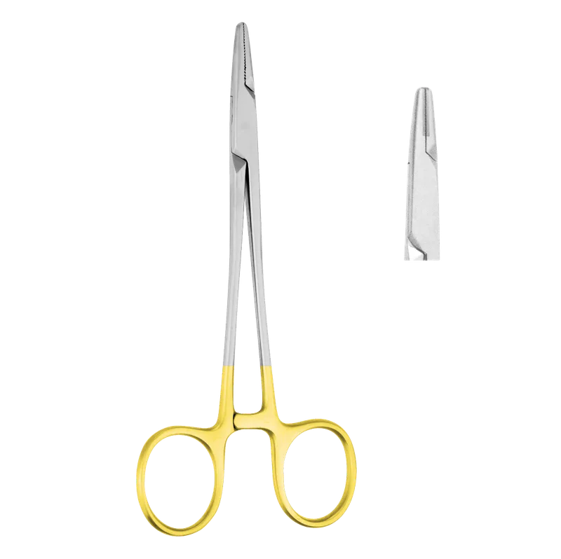 Derf Needle Holder 13 cm - Tungsten Carbide Jaws with Gold Rings - Equate Instruments